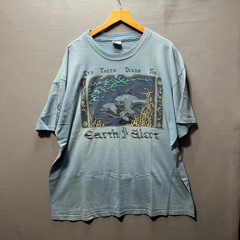Vintage 1993 Earth Alert Dolphin Shark T-Shirt Blue 2XL Anvil Made in USA 90s